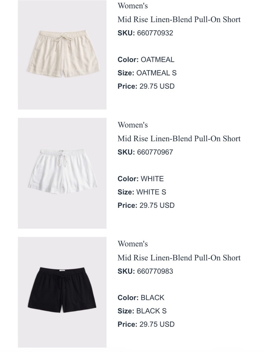 Abercrombie Mid Rise Linen-Blend Pull-On Shorts - Oatmeal, White, Black